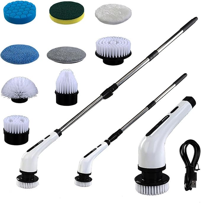 Electric Spin Scrubber Cordless Multifunction Retractable Handle Bathroom Tile Power Cleaning 9 Brushes Bath Tub Scrubber