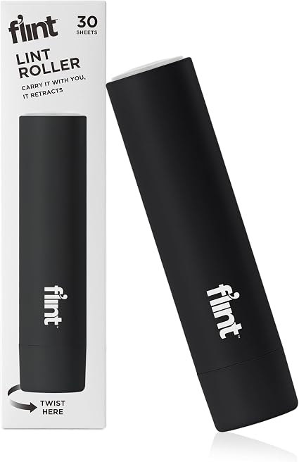 Flint Classic Black Retractable Mini Lint Roller with 30 Extra Sticky Sheets, Small and Portable Lint Roller, Ideal Pet 