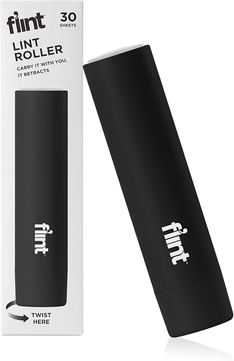 Flint Classic Black Retractable Mini Lint Roller with 30 Extra Sticky Sheets, Small and Portable Lint Roller, Ideal Pet 