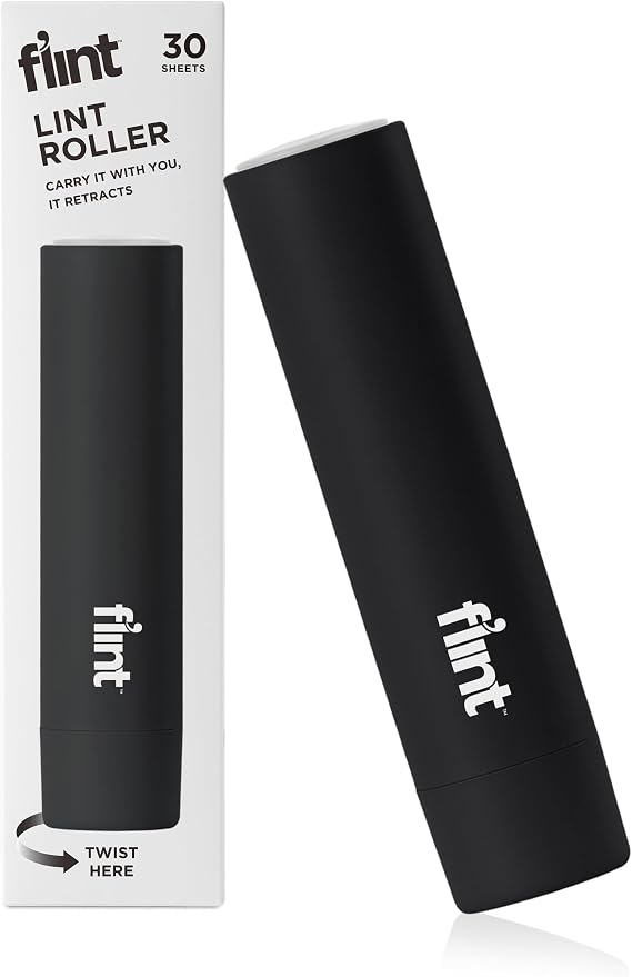 Flint Classic Black Retractable Mini Lint Roller with 30 Extra Sticky Sheets, Small and Portable Lint Roller, Ideal Pet 