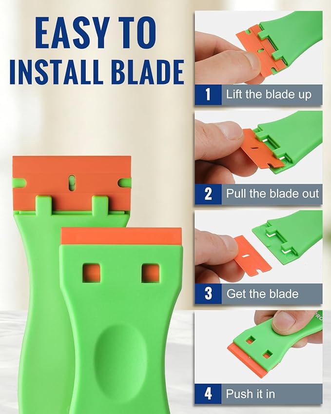 WORKPRO 6-Piece Plastic Razor Blade Scraper with 120 Pcs Plastic Razor Blades, for Gasket Remover, Labels Decal and Adhesive Remover for Windows and Glass