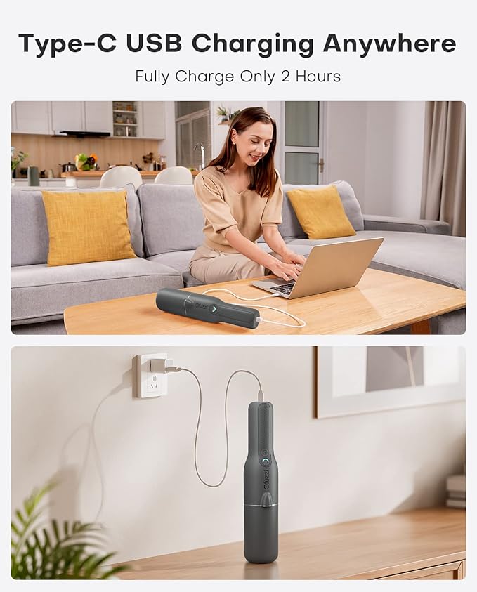 Ofuzzi Slim H7 Pro Cordless Handheld Vacuum with LED Light, Ultra-Lightweight 1.0LB, 11000Pa Powerful Suction, Two-Speed Modes, Type-C Fast Charging, Mini Vacuum for Home Cleaning (Gray)