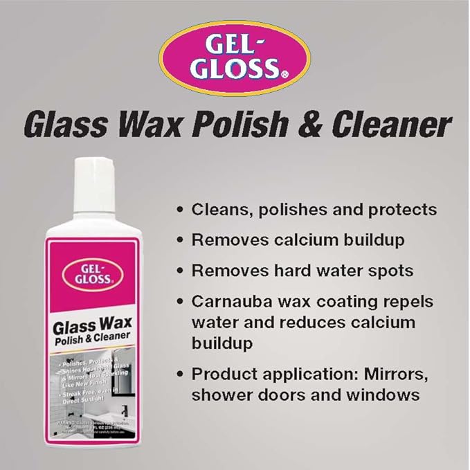 Gel-Gloss No Streak Glass Wax | Professional-Grade Silicon Wax Formulation | Removes Water Spots, Hard Water, & Light Calcium Buildup | Protective Coating Reduces Water Spots & Calcium Buildup, 8 oz.