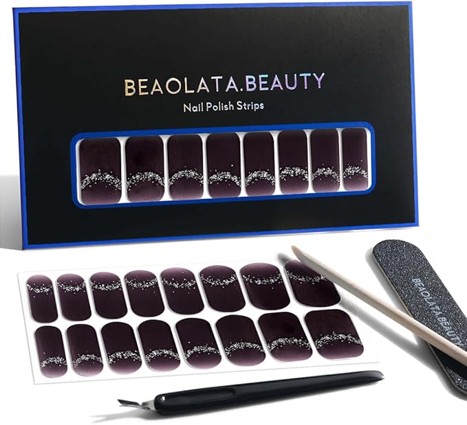 Nail Polish Strips, 32PCS Salon Quality Wraps, Long Lasting Gel Nail Stickers for Women Easy Apply& Remove (Twilight Sparkle Purple)
