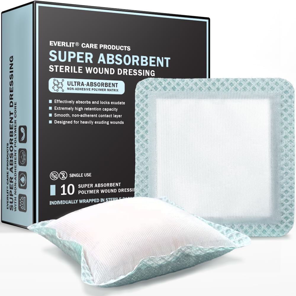 Super Absorbent Dressing for Wound Care | Nonstick Soft Surgical Gauze Pad for Heavily Exuding Wounds | Large Sterile Non-Adhesive Bandage for Fast Healing Wound Care | Pack of 10 (4" x 4")
