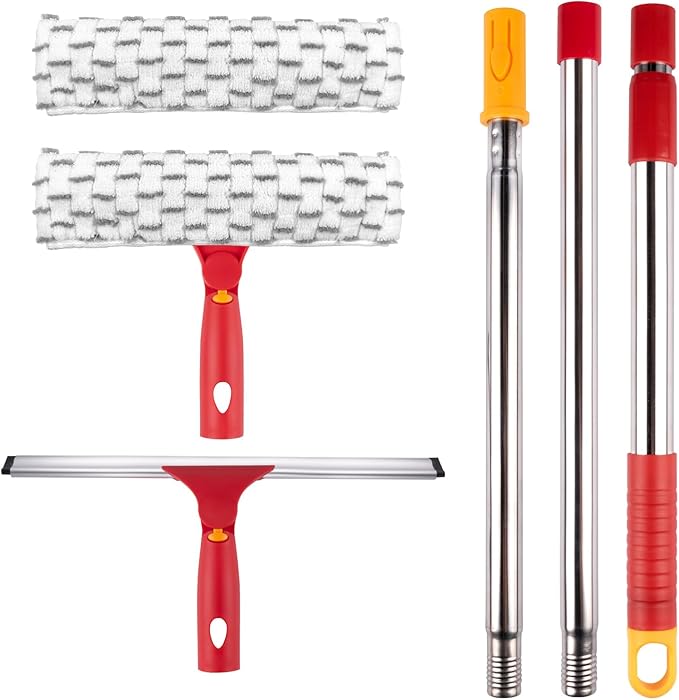 Squeegee for Window Cleaning, 12" Squeegee and 11" Microfiber Scrubber Combi with Stainless Steel Pole, Extendable Window Cleaner for Car, Sliding Door, Shower Glass Door-Swivel Style-2 Pads