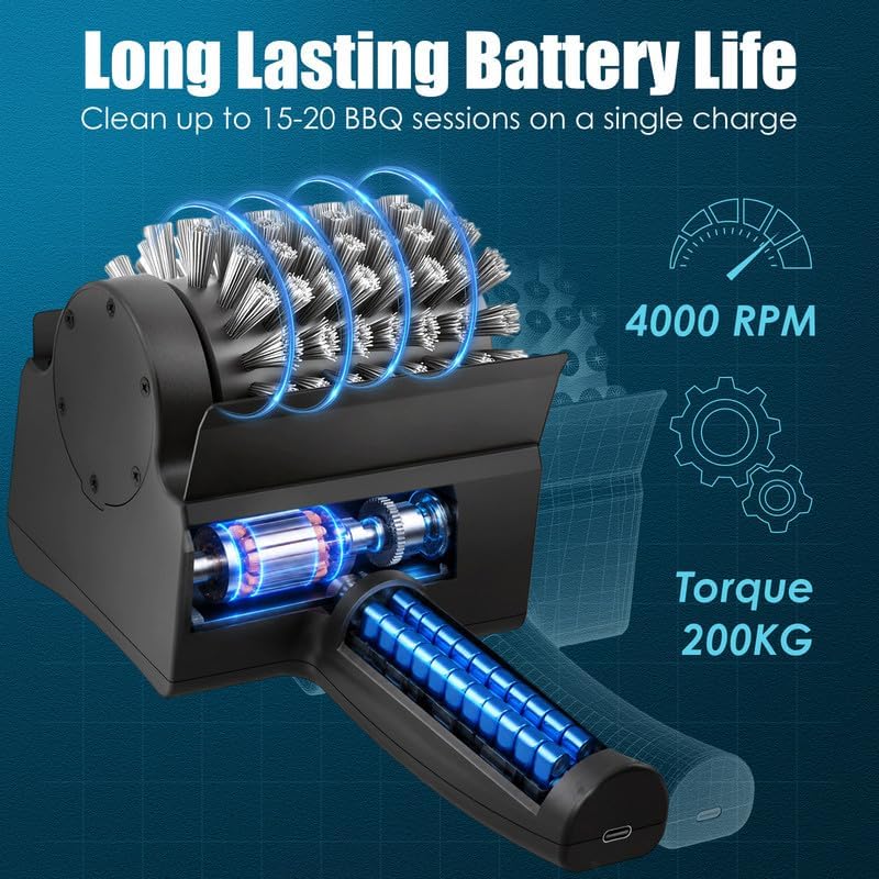 Electric Grill Brush Rechargeable Grill Cleaner 2 Heads 2 Speed 4000 RPM Torque 200KG BBQ Cleaning Brush with Safety Lock Submersible 304 SS Head Splash-Proof Scrubbe IPX7 Waterproof Carbon Black