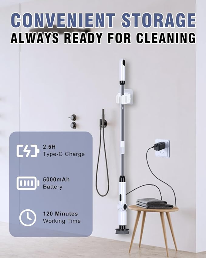 Electric Spin Scrubber, [IPX8 Waterproof ] [50KG Torque] Shower Scrubber with 9 Brush Heads, 2 Speed Mode, 4 Adjustable Angles, Electric Brush for Cleaning for Bathroom Floor Tile