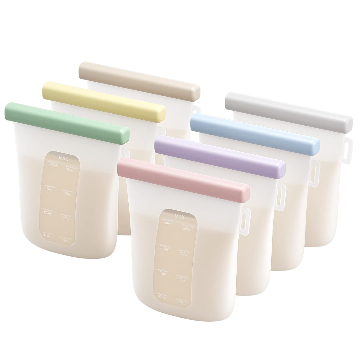 7 Pcs Silicone Breastmilk Storage Bags Reusable, 8oz/240ml Double Leak-Proof Breastmilk Freezer Bags, BPA Free Self-Standing Milk Bags for Breastfeeding, Baby Food Pouches