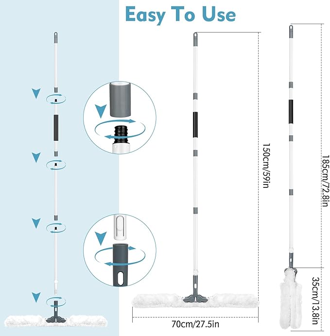 CLDREAM Microfiber Duster with Extension Pole,Ceiling Fan Cleaner Duster with 60" Long Handle,Long Dusters for Cleaning Ceiling Fan, High Ceiling,Wall,Blinds,Furniture,Adjustable Head,White