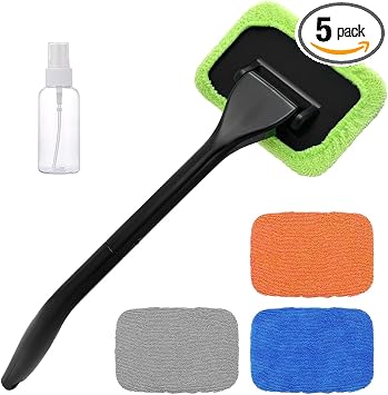Car Windshield Cleaning Tool, Microfiber Auto Window Cleaner with 4 Cloth Pads & Long Handle, Reusable Window Cleaning T
