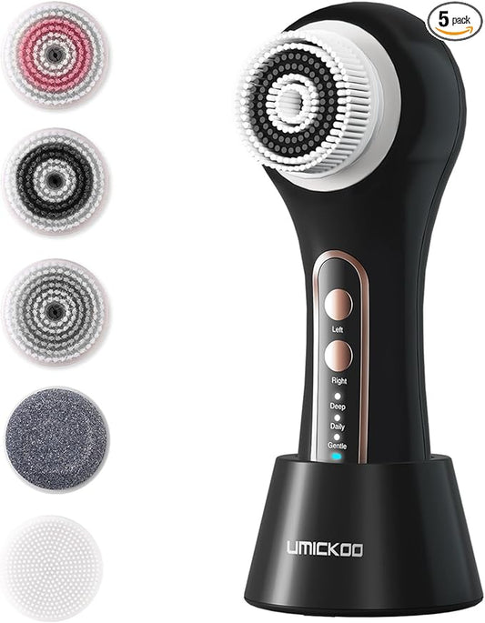 UMICKOO Electric Facial Cleansing Brush, 2-Way Rotating Face Scrubber for Daily & Deep Cleaning, 3 Modes, 5 Brush Heads, Rechargeable, IPX7 Waterproof for All Skin Types