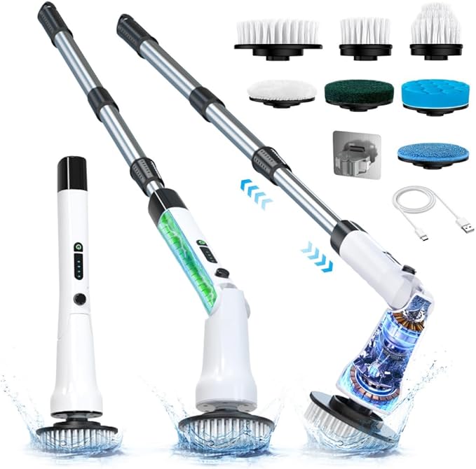 Electric Spin Scrubber, Hillyfe Bathroom Scrubber Electric with 7 Replaceable Brush Heads, IPX7 Waterproof,300/400 RPM, 3 Adjustable Length,Scrubber Brush Electric for Bathtub Floor,White
