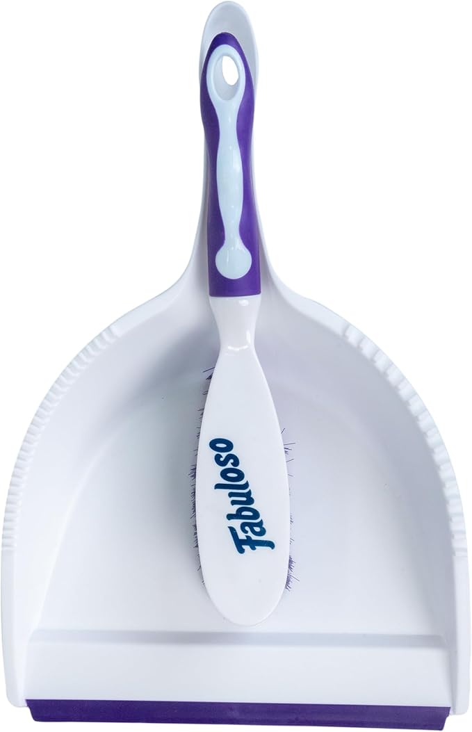 Fabuloso Brush and Dustpan Set, Compact Hand Broom Floor Sweeper with Snap-Together Storage and Hanging Hole, Quick Sweeping for Kitchen, Bathroom, Office and Car, White & Purple
