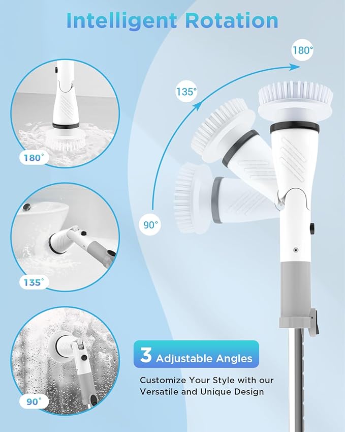 Electric Spin Scrubber, Cordless Power Brush Floor Scrubber with Adjustable Extension Arm and 4 Replaceable Bathroom Cleaning Brush Heads, Ideal for Tub, Tile, and Floor Cleaning