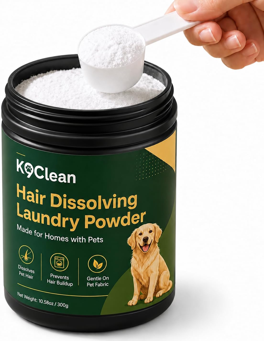 K9 Clean Pet Hair Dissolver, Hair Dissolver for Washing Machine, Enzyme Laundry Powder for Dog and Cat Coat, Helps Release Embedded Fur from Bedding, Clothes and Blankets, 10.58 oz