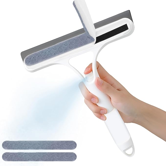 Pro 3 in 1 Window Cleaning Scraper with 2 Replaceable Cleaning Cotton Strips, 3 in 1 Spray Squeegee, Window Squeegee, Suitable for Cleaning Bathroom Glass, Mirrors, Car Windows (White)