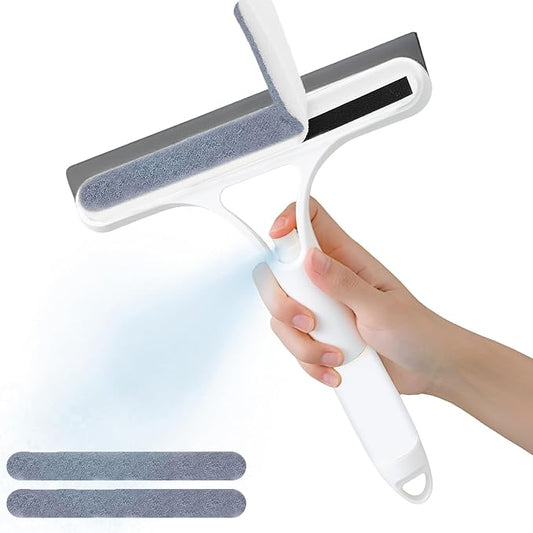 Pro 3 in 1 Window Cleaning Scraper with 2 Replaceable Cleaning Cotton Strips, 3 in 1 Spray Squeegee, Window Squeegee, Suitable for Cleaning Bathroom Glass, Mirrors, Car Windows (White)