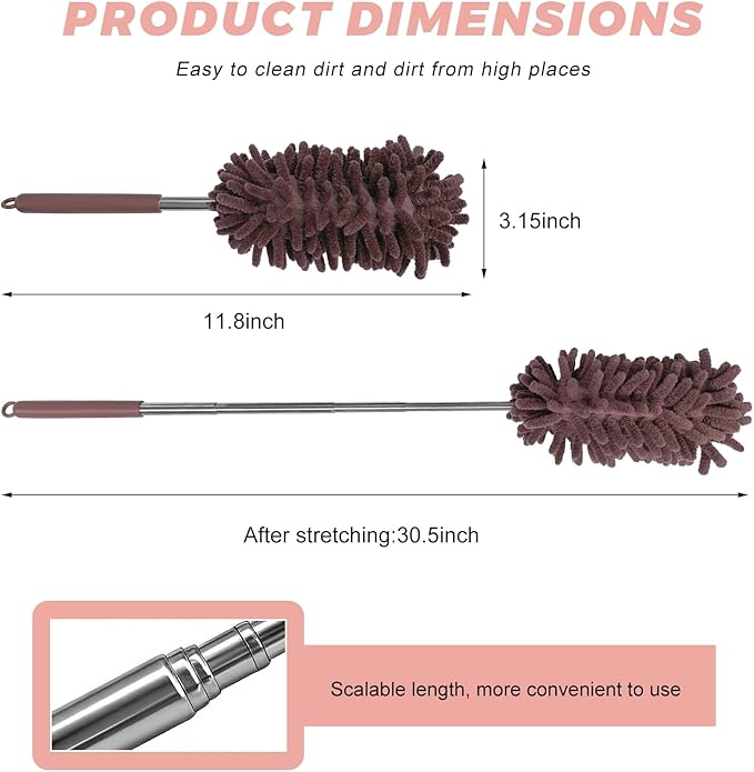2PCS Car Interior Duster with Extension Pole, 11.8 to 30.5 Inch Retractable Dusters Washable Car Interior Cleaning Brush, Soft Scratch-Free Chenille Auto Dash Vent Window Duster (Khaki)