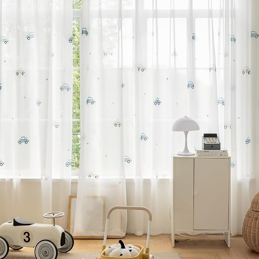 KMSG Cartoon Car Pattern Printed Sheer Curtains for Bedroom Living Room