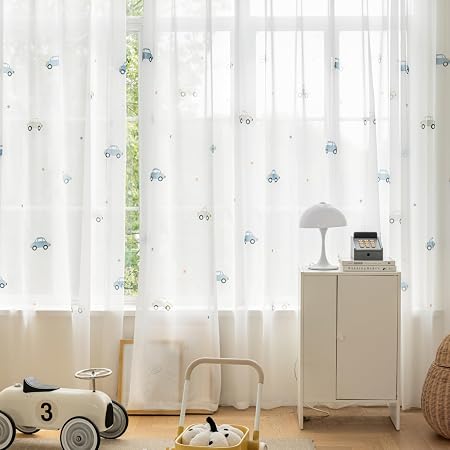 KMSG Cartoon Car Pattern Printed Sheer Curtains for Bedroom Living Room