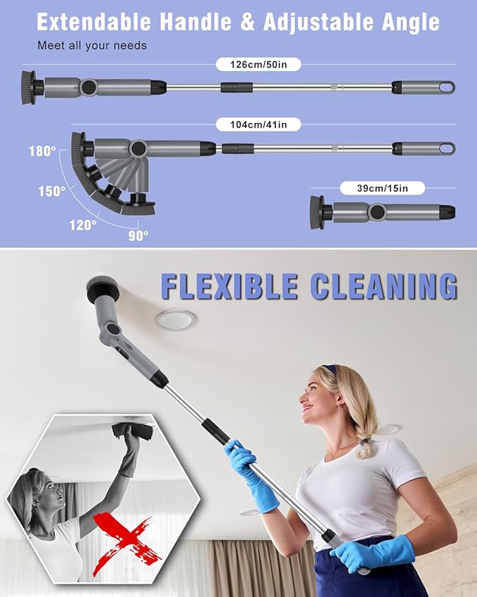 Electric Spin Scrubber, [IPX8 Waterproof ] [50KG Torque] Shower Scrubber with 9 Brush Heads, 2 Speed Mode, 4 Adjustable Angles, Electric Brush for Cleaning for Bathroom Floor Tile (Gray)