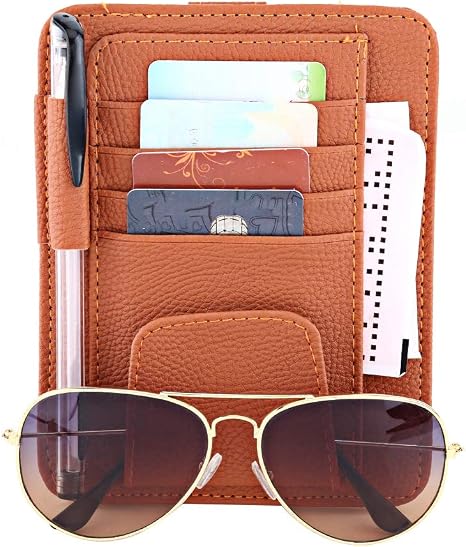 Car Visor Organizer, PU Car Sun Visor Organizer Pouch Sunglasses Holder Clip Card Storage Bag(Orange)