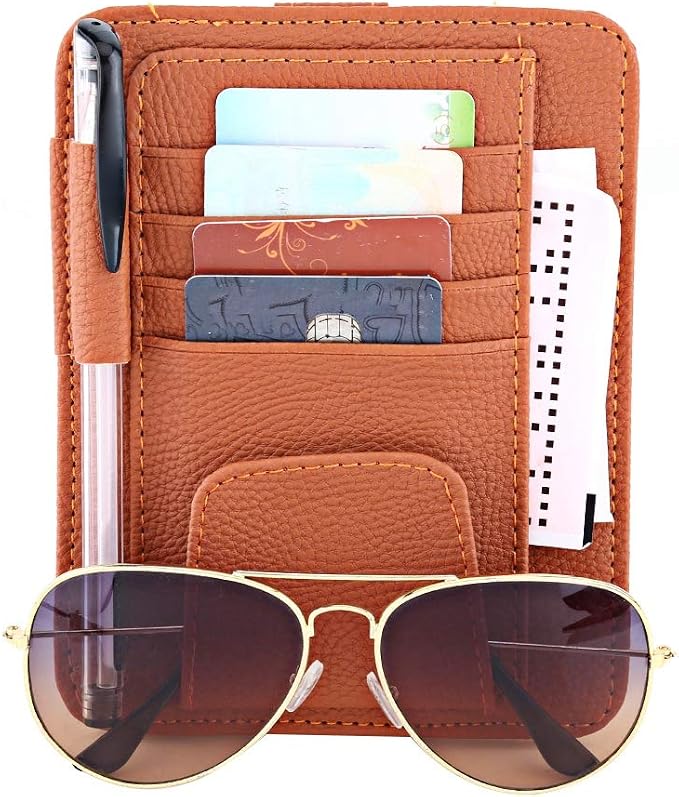 Car Visor Organizer, PU Car Sun Visor Organizer Pouch Sunglasses Holder Clip Card Storage Bag(Orange)