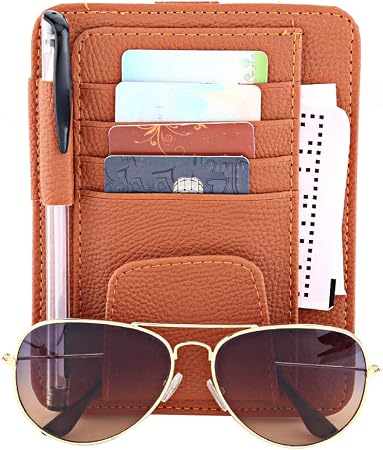 Car Visor Organizer, PU Car Sun Visor Organizer Pouch Sunglasses Holder Clip Card Storage Bag(Orange)