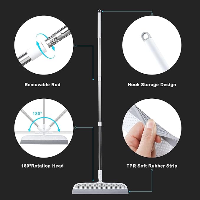 Rubber Squeegee Broom for Floors, 51.77" Long Handle Multi-Surface Magic Multifunction Broom, Pet Hair Remover Scraper for Laminate Carpets, Windows, Mirrors, Rugs, Hardwood, Tile Cleaning