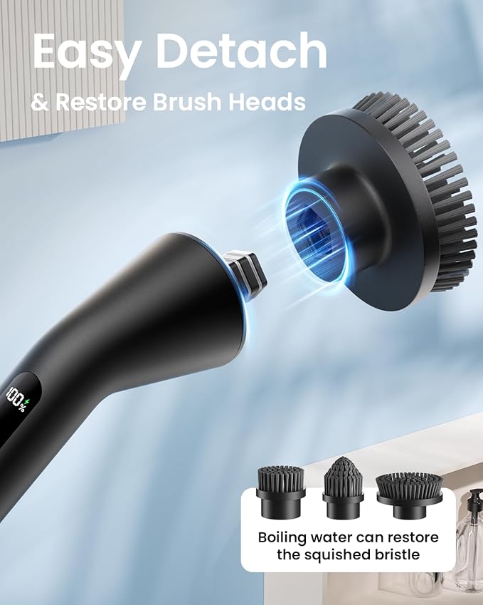 Electric Spin Scrubber, Upgraded IPX7 Cordless Cleaning Brush for Bathroom Shower, Household Cleaning Scrubber with 7 Brush Heads, Adjustable Long Handle and 2 Rotating Speeds for Tub Floor