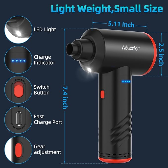 Compressed Air Duster 6000mAh Battery - Electric Air Duster Addcolor AD38 Keyboard Cleaner 3 Adjustable Wind Speeds with LED, Reusable Canned Air for Dust Removing Installations for Cleaning Purposes
