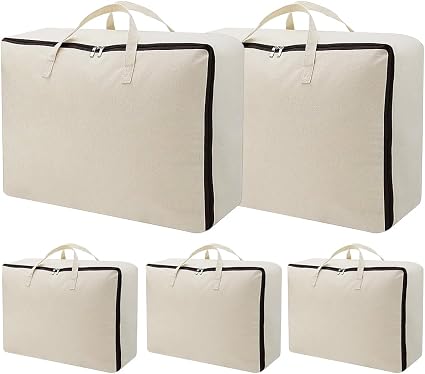 AMJ 5 Pack Oversized Storage Bag for Moving, Packing Supplies, Organizer Tote, Natural Cotton Canvas Zippered Sweater Ba