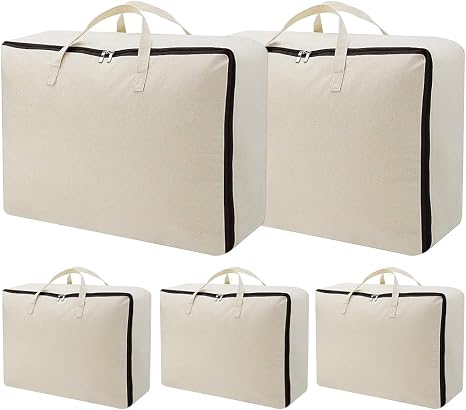 AMJ 5 Pack Oversized Storage Bag for Moving, Packing Supplies, Organizer Tote, Natural Cotton Canvas Zippered Sweater Ba