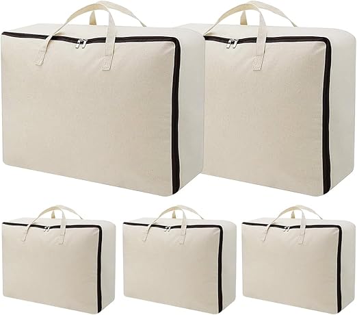 AMJ 5 Pack Oversized Storage Bag for Moving, Packing Supplies, Organizer Tote, Natural Cotton Canvas Zippered Sweater Ba