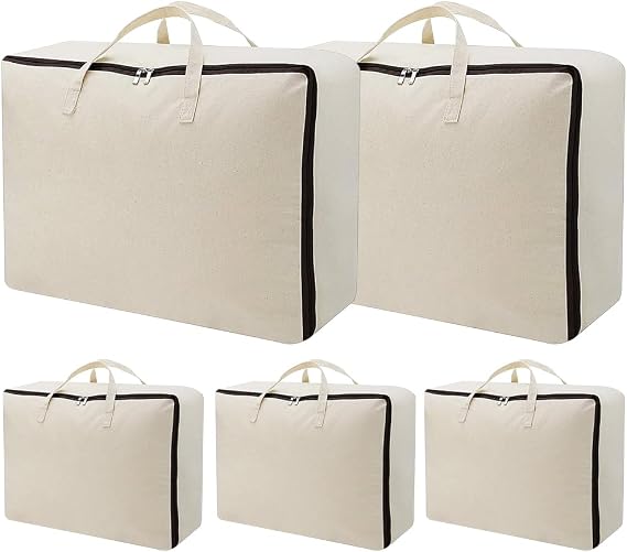 AMJ 5 Pack Oversized Storage Bag for Moving, Packing Supplies, Organizer Tote, Natural Cotton Canvas Zippered Sweater Ba