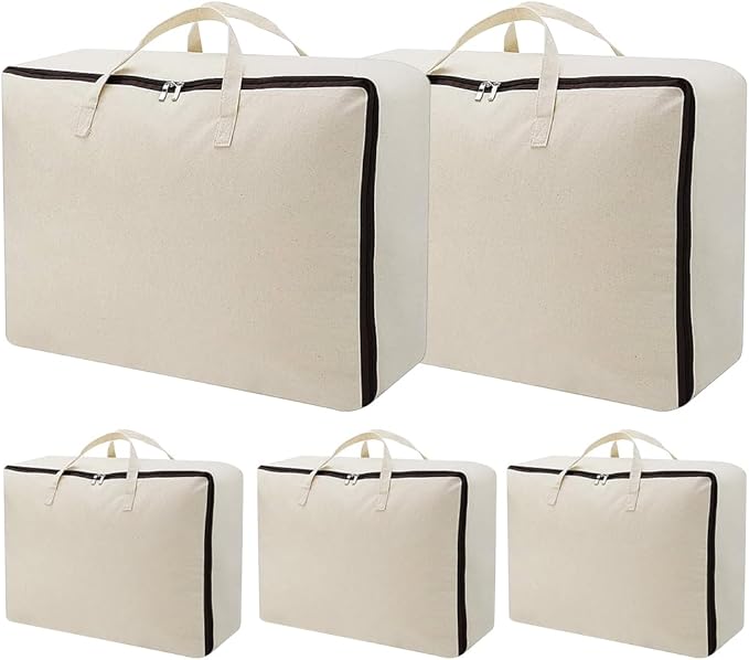 AMJ 5 Pack Oversized Storage Bag for Moving, Packing Supplies, Organizer Tote, Natural Cotton Canvas Zippered Sweater Ba