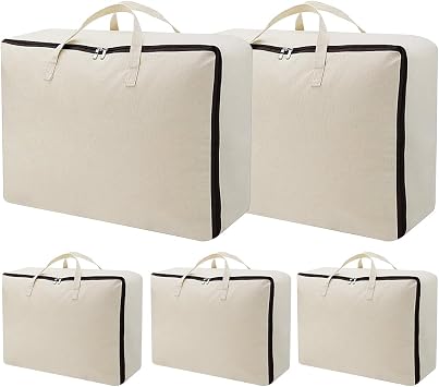 AMJ 5 Pack Oversized Storage Bag for Moving, Packing Supplies, Organizer Tote, Natural Cotton Canvas Zippered Sweater Ba