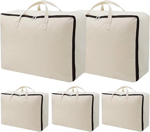 AMJ 5 Pack Oversized Storage Bag for Moving, Packing Supplies, Organizer Tote, Natural Cotton Canvas Zippered Sweater Ba