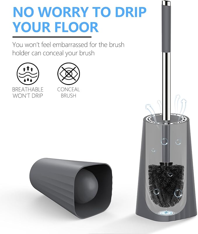 SetSail Toilet Brush, Compact Size Toilet Bowl Brush and Holder Toilet Brushes for Bathroom with Stainless Steel Handle Toilet Cleaner Brush with Durable Scrubbing Bristles, 4 Packs, Gery