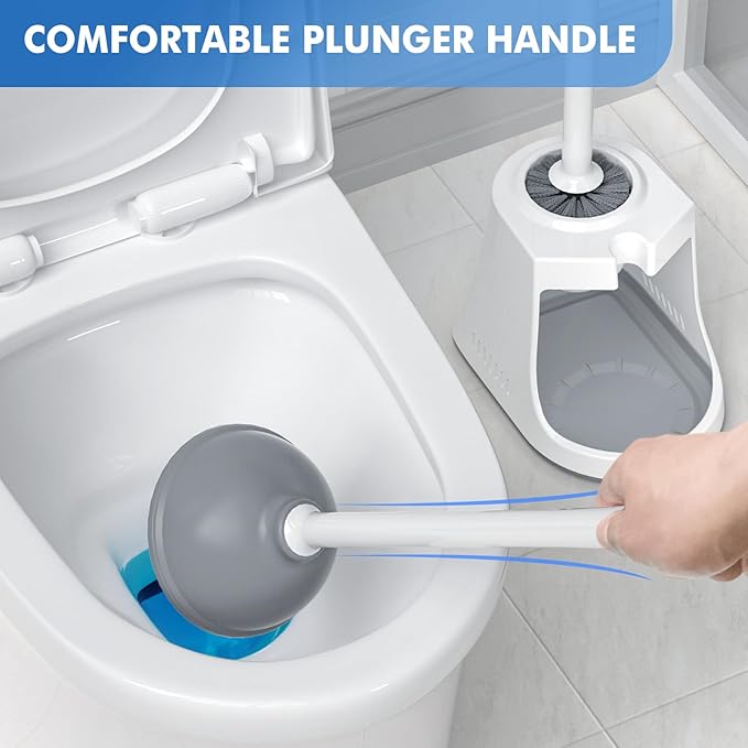 LOVLOY Toilet Plunger and Brush with Holder, Bowl Brush and Heavy Duty Toilet Plunger Set with Ventilated Holder, 2-in-1 Toilet Brush and Plunger Combo for 5.3-inch Toilet Drain New Pack (White, 1)