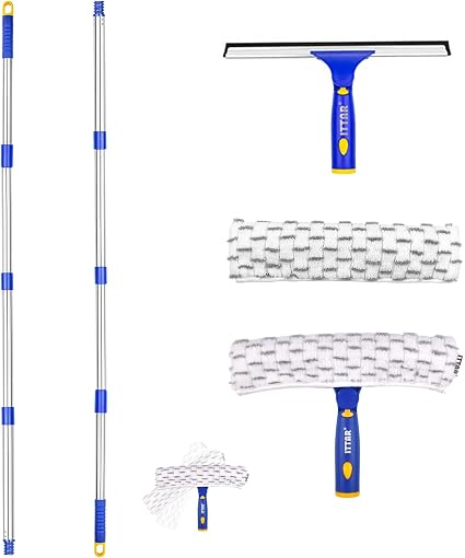 ITTAR Window Squeegee with 2 Sets Stainless Steel Pole, Squeegee Cleaning Tools with Microfiber Pads, 60"-72" Telescopic