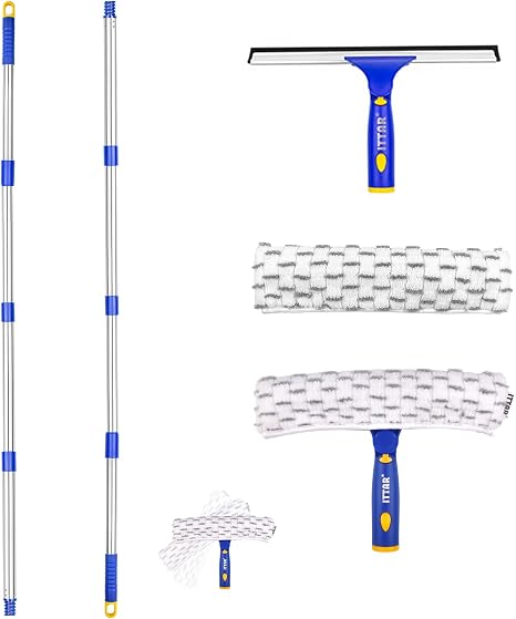 ITTAR Window Squeegee with 2 Sets Stainless Steel Pole, Squeegee Cleaning Tools with Microfiber Pads, 60"-72" Telescopic