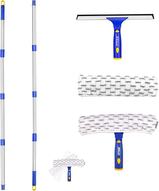 ITTAR Window Squeegee with 2 Sets Stainless Steel Pole, Squeegee Cleaning Tools with Microfiber Pads, 60"-72" Telescopic