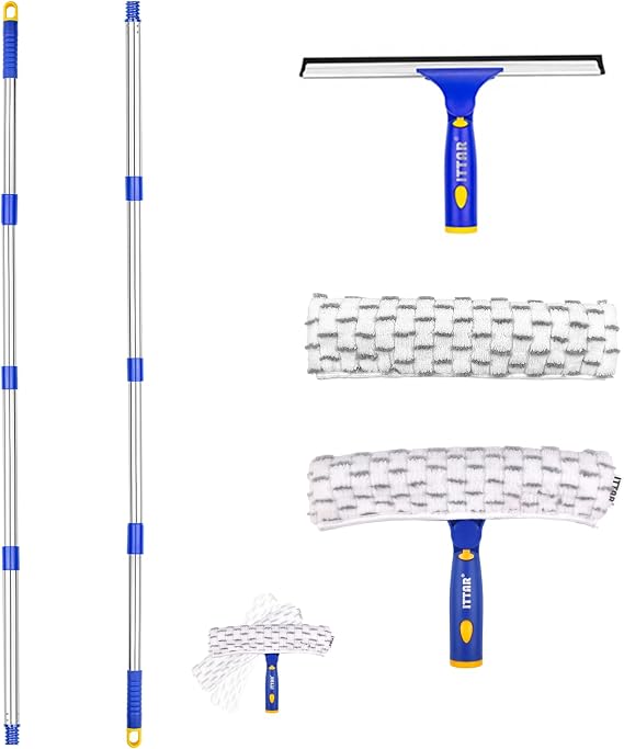 ITTAR Window Squeegee with 2 Sets Stainless Steel Pole, Squeegee Cleaning Tools with Microfiber Pads, 60"-72" Telescopic