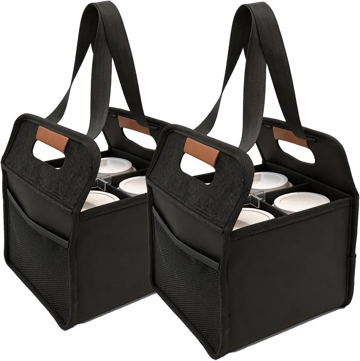 2 Pack Reusable 4 Cup Drink Carrier with Handle and Detachable Dividers, Portable Drink Carrier, Foldable Coffee Cup Holder for Hot & Cold Drinks (Black)