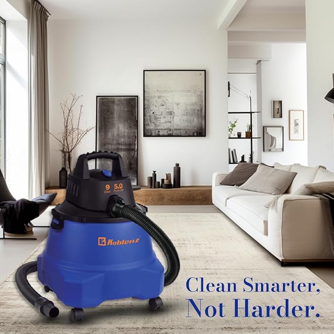Koblenz WD-9 L212 Wet Dry Vacuum Cleaner, 9 Gallon, 5.0 PHP, 3-in-1 Suction & Blower, Big Vacuum Cleaners for Home, Heavy Duty Shop Vac, Click-N-Lock Hose, Swivel Casters, Black/Blues