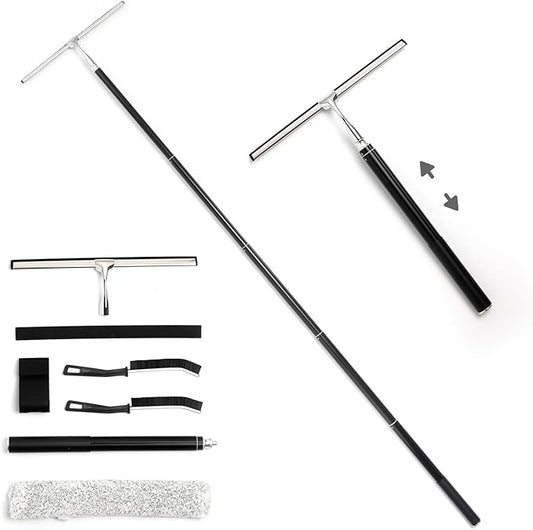 16.7“- 59.5" Long Handle Window Squeegee with Extension Pole, 12.4" Wide Metal Shower Squeegee for Glass Doors, 2-in-1 Squeegee for Home Window Cleaning, Tile Wall, Car (Silver)