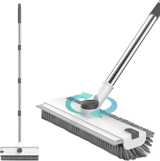 SetSail Floor Scrub Brush, 3 in 1 Floor Scrub Brush with 54-in Adjustable Long Handle and Scraper Heavy Duty Stiff Bristle Floor Scrubber for Cleaning Shower Bathroom Kitchen Patio Garage, Grey&White