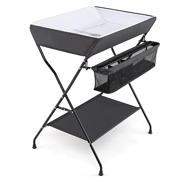 HONEY JOY Changing Table, Folding Nursery Organizer with Open Shelf & Safety Belt, Portable Diaper Changing Station for 